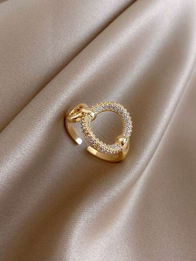 1pc Glamorous Stainless Steel Cubic Zirconia Circle Decor Cuff Ring For Women For Party