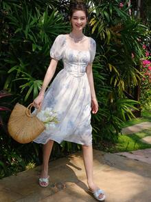 印花胸部褶皺泡泡袖洋裝 - 藍白色 - 查看 5