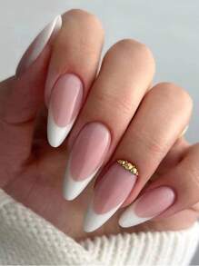 使用24入組長杏仁白法式水鑽風格假指甲和1張膠帶和1入組指甲銼打造迷人魅力 - 彩色 - 查看 1