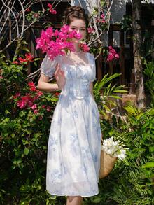 印花胸部褶皺泡泡袖洋裝 - 藍白色 - 查看 7