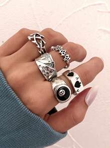 5pcs/Set Antique Silver Spades Playing Card Inspired Joint Ring Set For Couples, Retro And Creative Gift