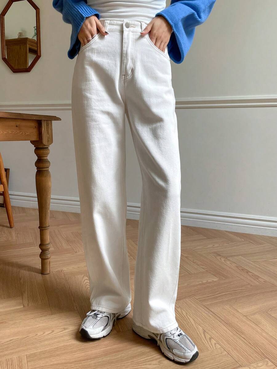 DAZY 斜口袋男友牛仔裤，返校服 - 白色 - 查看 1