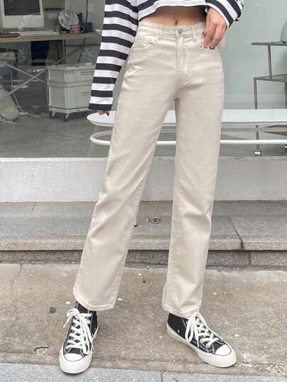 Jeans de pierna recta con bolsillo en ángulo, ropa de vuelta al colegio