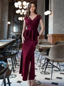MIUSOL Contrast Lace V-Neck Cap Sleeve Ruffle Trim Split Thigh Evening Party Dress - Burgundy - View 2
