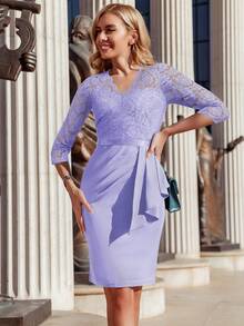 MIUSOL 花卉蕾丝 V 领垂坠侧 3/4 袖商务修身铅笔裙 - 淡紫色 - 查看 6