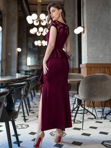 MIUSOL Contrast Lace V-Neck Cap Sleeve Ruffle Trim Split Thigh Evening Party Dress - Burgundy - View 3