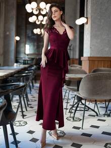 MIUSOL Contrast Lace V-Neck Cap Sleeve Ruffle Trim Split Thigh Evening Party Dress - Burgundy - View 5