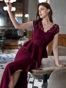 MIUSOL Contrast Lace V-Neck Cap Sleeve Ruffle Trim Split Thigh Evening Party Dress - Burgundy - View 6