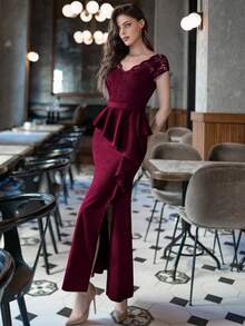 MIUSOL Contrast Lace V-Neck Cap Sleeve Ruffle Trim Split Thigh Evening Party Dress - Burgundy - View 7