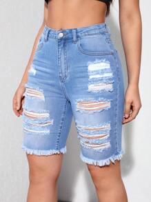 SHEIN EZwear 破洞毛邊牛仔短褲 - 淺色水洗藍 - 查看 1