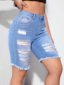 SHEIN EZwear 破洞毛邊牛仔短褲 - 淺色水洗藍 - 查看 3