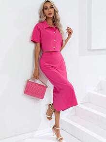 SHEIN Essnce Solid Button Front Crop Shirt & Split Back Skirt - Hot Pink - View 1