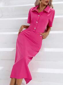 SHEIN Essnce Solid Button Front Crop Shirt & Split Back Skirt - Hot Pink - View 3
