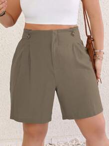 SHEIN LUNE Plus High Waist Plicated Detail Shorts - Mint Green - View 1