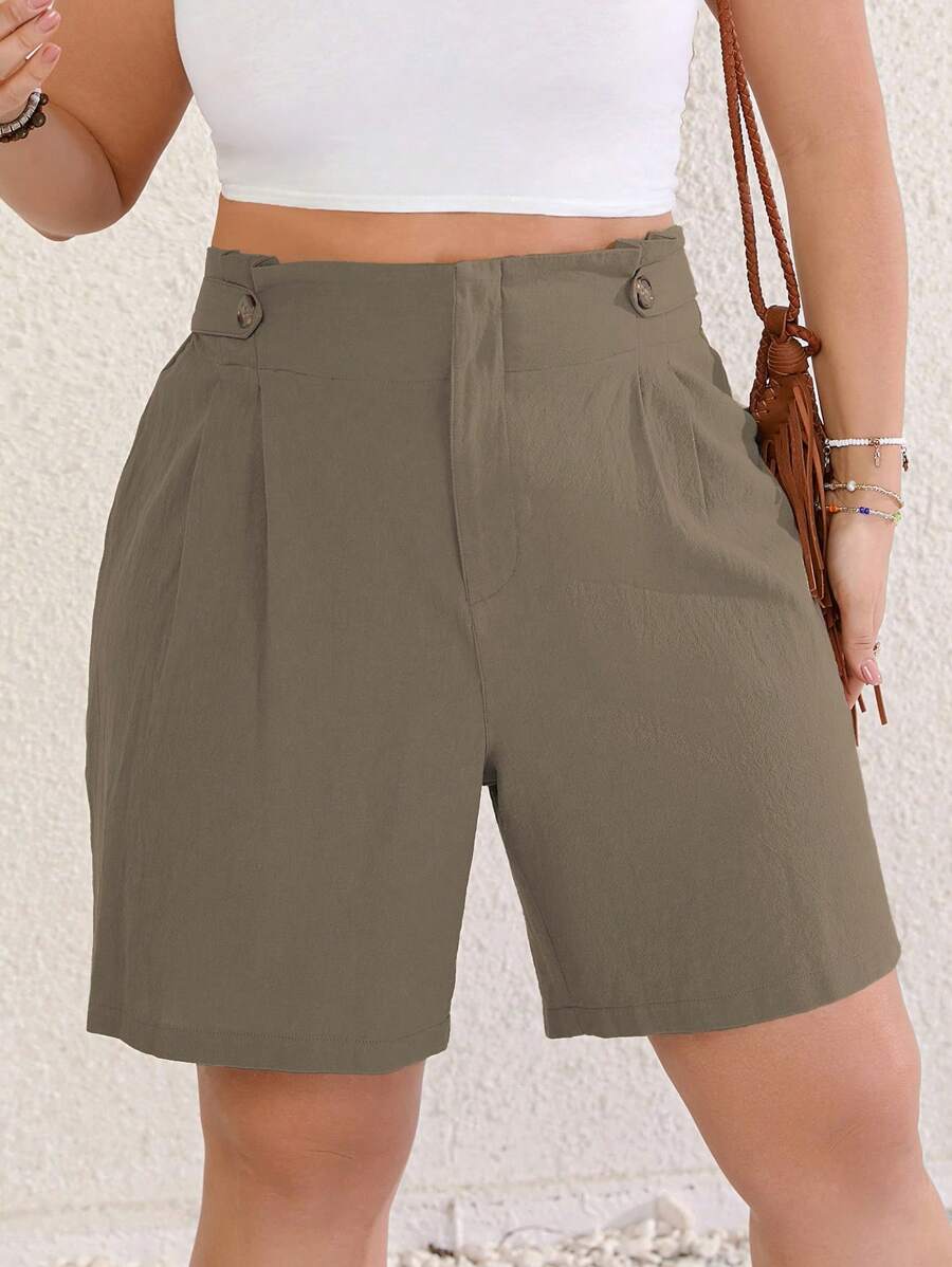 SHEIN LUNE Plus High Waist Plicated Detail Shorts - Mint Green - View 1