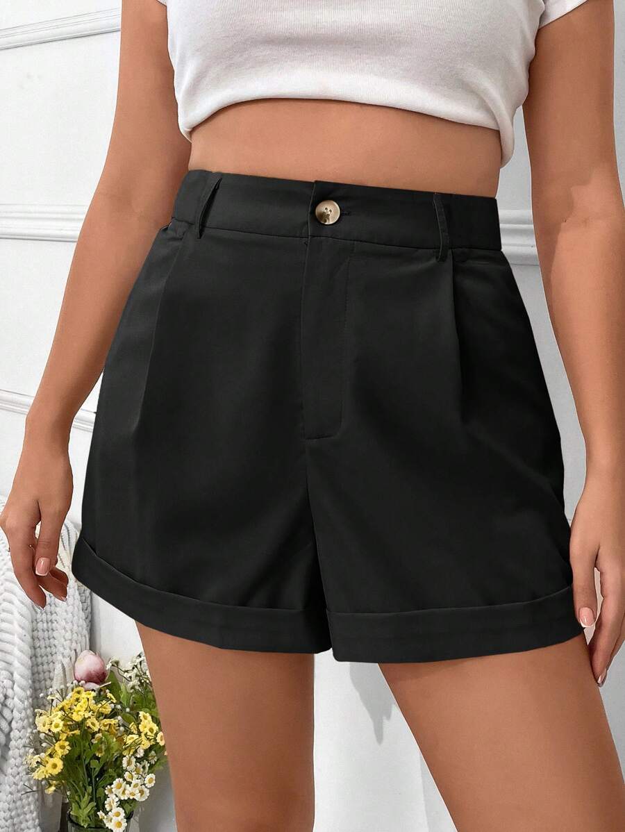 SHEIN Privé Plus Solid Roll Up Hem Shorts - Black - View 1