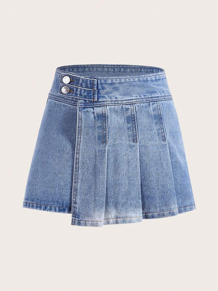 SHEIN ICON Pleated Panel Denim Skort - Light Wash - View 1