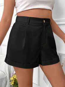 SHEIN Privé Plus Solid Roll Up Hem Shorts - Black - View 4