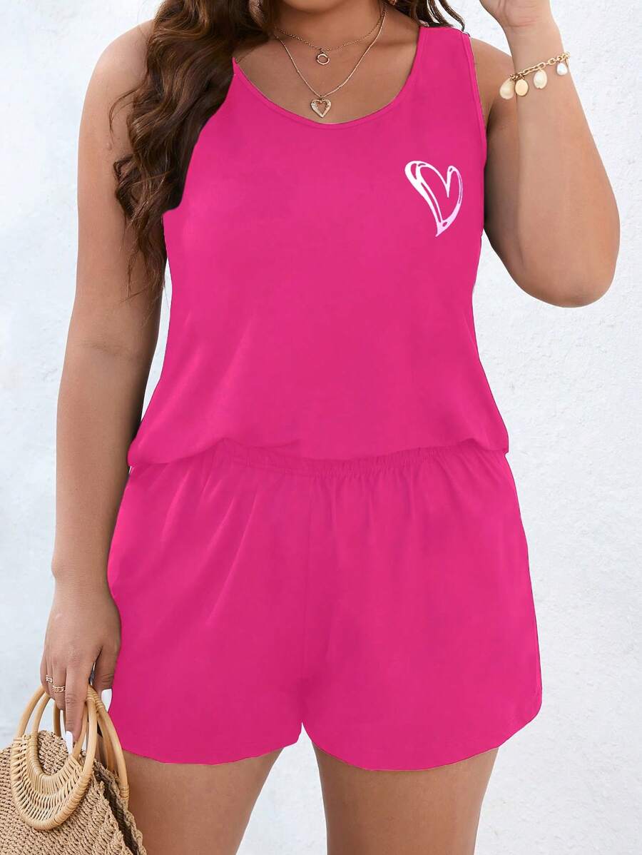 SHEIN LUNE Plus Heart Print Tank Top & Shorts - Hot Pink - View 1