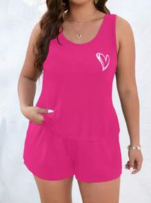 SHEIN LUNE Plus Heart Print Tank Top & Shorts - Hot Pink - View 3