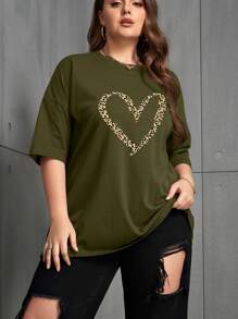 INAWLY 大码豹纹 & 心形印花落肩 T 恤 - 軍綠色 - 查看 1