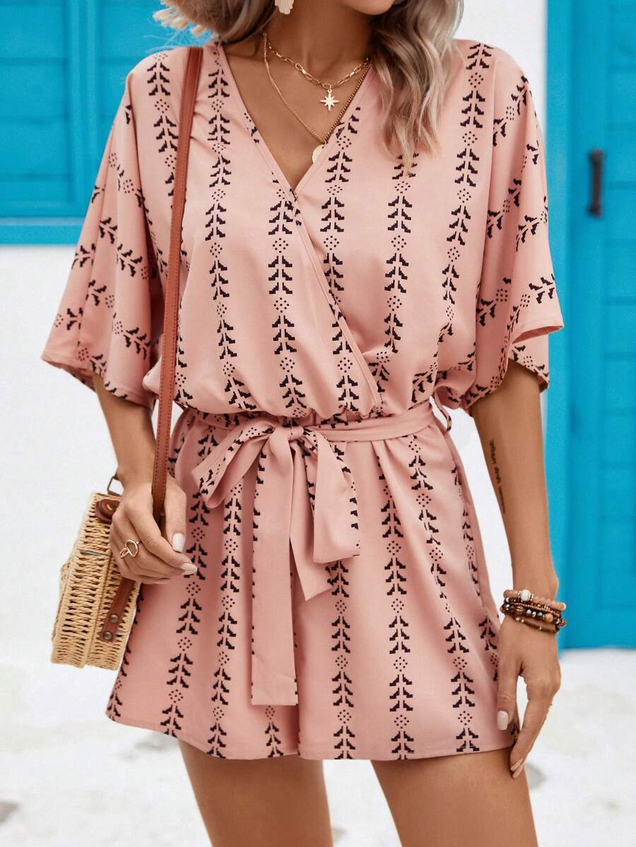SHEIN Swim Allover Print Batwing Sleeve Belted Cover Up Romper - Dusty Pink - View 1