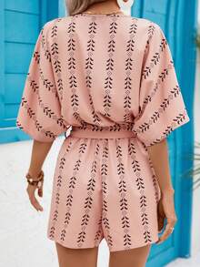 SHEIN Swim Allover Print Batwing Sleeve Belted Cover Up Romper - Dusty Pink - View 2