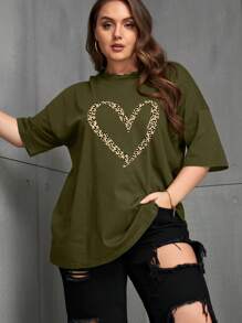 INAWLY 大码豹纹 & 心形印花落肩 T 恤 - 軍綠色 - 查看 4