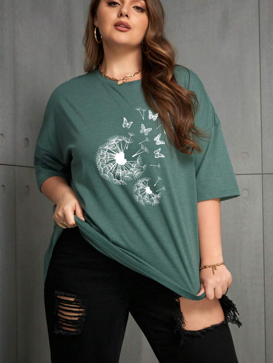 INAWLY Áo thun hở vai in hình hoa bồ công anh cỡ lớn - Màu xanh lá cây đậm - Xem 1