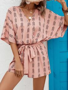SHEIN Swim Allover Print Batwing Sleeve Belted Cover Up Romper - Dusty Pink - View 3