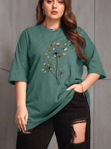 INAWLY Plus Size Book Print Drop Shoulder Tee Graphic Tees Women Tops