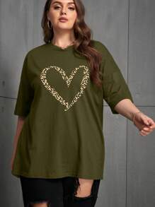 INAWLY 大码豹纹 & 心形印花落肩 T 恤 - 軍綠色 - 查看 6