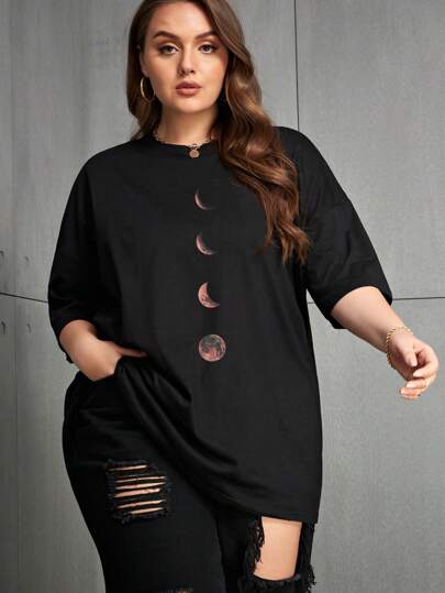 INAWLY Camiseta de manga caída con estampado de luna, tops gráficos para mujeres de talla grande