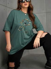 INAWLY Plus Size Book Print Drop Shoulder Tee Graphic Tees Women Tops