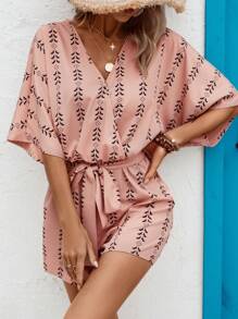 SHEIN Swim Allover Print Batwing Sleeve Belted Cover Up Romper - Dusty Pink - View 5