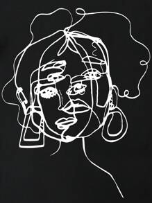 SHEIN LUNE 大碼人像圖案落肩T恤 - 黑色 - 查看 3