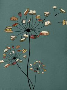 INAWLY Plus Size Book Print Drop Shoulder Tee Graphic Tees Women Tops