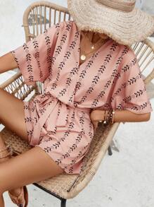 SHEIN Swim Allover Print Batwing Sleeve Belted Cover Up Romper - Dusty Pink - View 6