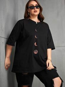 INAWLY Plus Moon Print Drop Shoulder Tee Graphic Tees Women Tops - Black - View 5