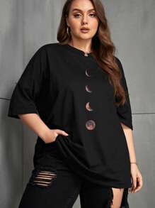 INAWLY Plus Moon Print Drop Shoulder Tee Graphic Tees Women Tops - Black - View 6