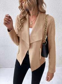 SHEIN Frenchy Waterfall Collar Open Front Faux Suede Jacket - Apricot - View 1