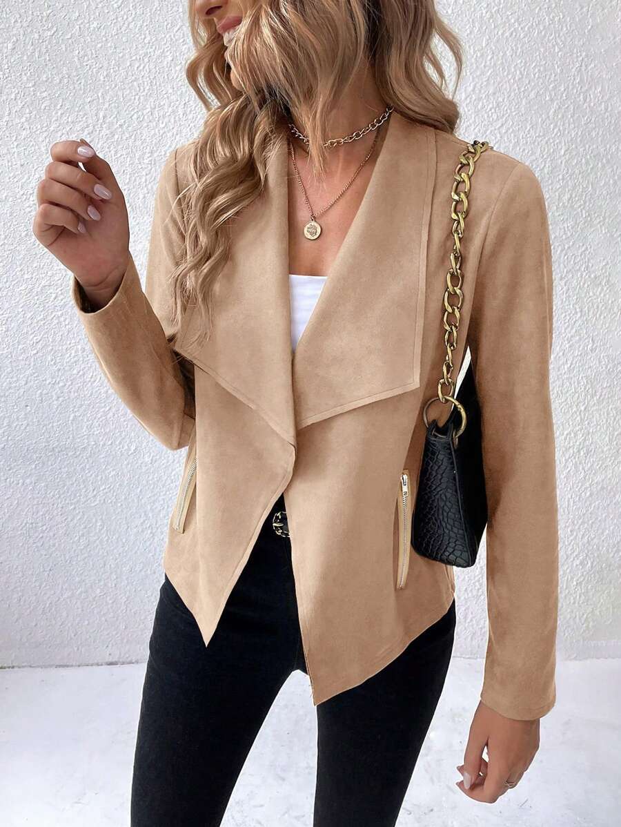 SHEIN Frenchy Waterfall Collar Open Front Faux Suede Jacket - Apricot - View 1