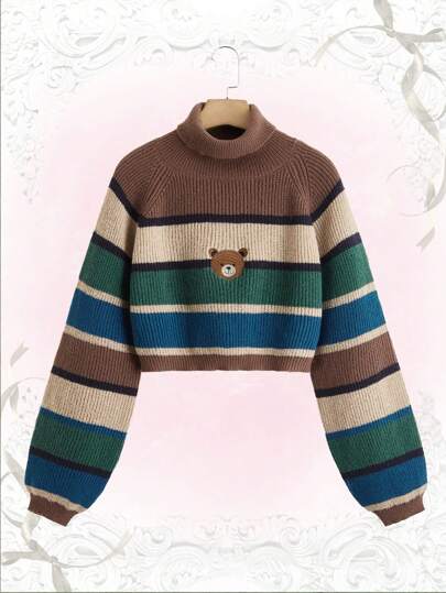Kawaii Striped Bear Embroidery High Neck Bishop Sleeve Sweater,Long Sleeve Tops