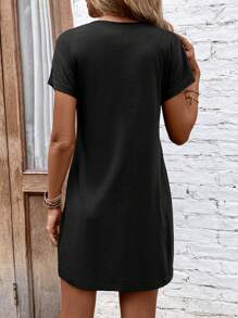 SHEIN LUNE Đầm Tương phản ren màu trơn Giải trí - màu đen - Xem 2