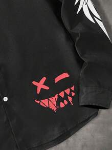 ROMWE MEN Grunge Punk Guys Letter & Floral Print Shirt - Black - View 4