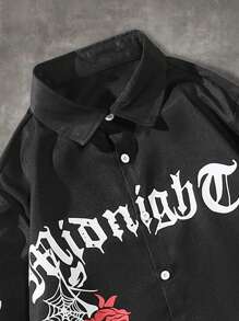 ROMWE MEN Grunge Punk Guys Letter & Floral Print Shirt - Black - View 5