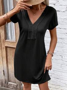 SHEIN LUNE Đầm Tương phản ren màu trơn Giải trí - màu đen - Xem 5