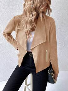 SHEIN Frenchy Waterfall Collar Open Front Faux Suede Jacket - Apricot - View 4