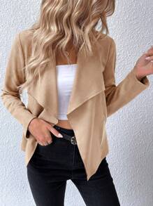 SHEIN Frenchy Waterfall Collar Open Front Faux Suede Jacket - Apricot - View 6