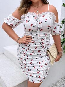 Celure Vestido ajustado con estampado de cereza ribete con encaje de hombros descubiertos fruncido - Blanco - Ver 1